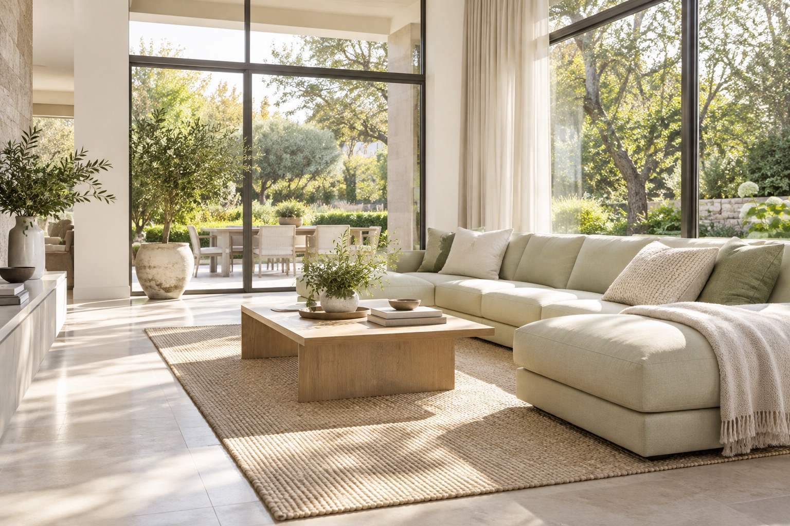 A sunlit living room with soft furnishings and a view of the garden